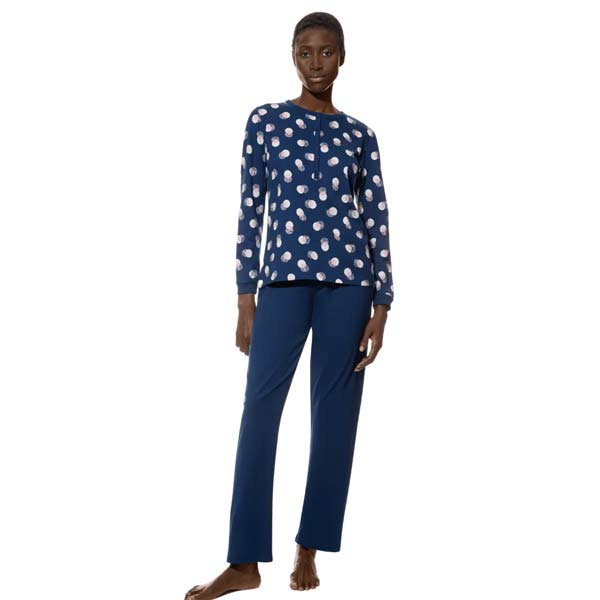 Mey dames pyjama volledig katoen met korting 1240017 Scribbled Dots Deep Marine